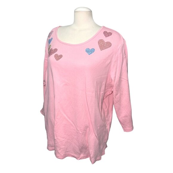 Quacker Factory Pink 2X Womens Rhinestone Heart Embellished Cotton Scoop Neck 3/ - Picture 5 of 9